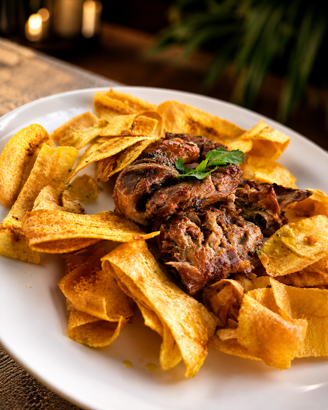 Frango assado servido com chips crocantes e ervas